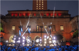 Evening event held at the foot of UT Tower with light show experience